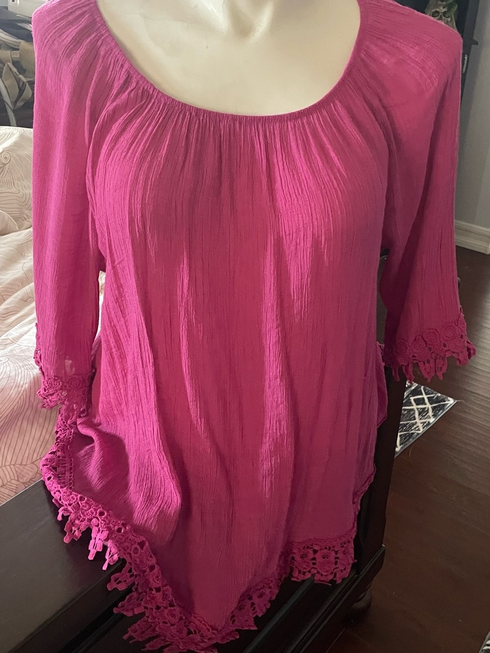 Scoop Neck Crochet-Hem Tunic Top in Fuchsia Pink by RYAN MICHELLE